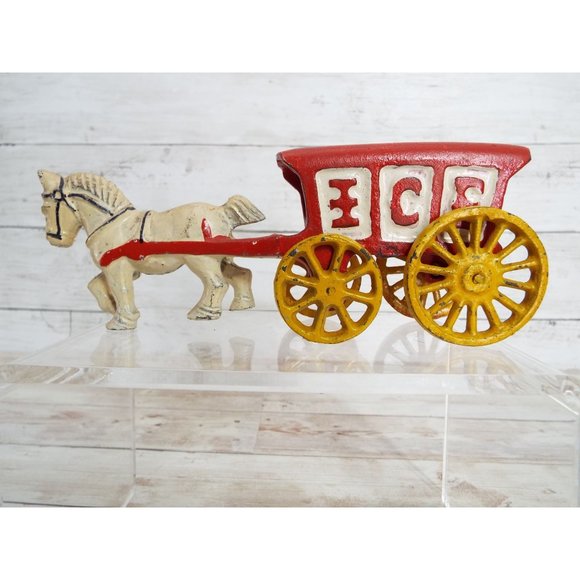 Vintage Cast Iron Horse Pulling Ice Truck Figurine - Picture 3 of 6